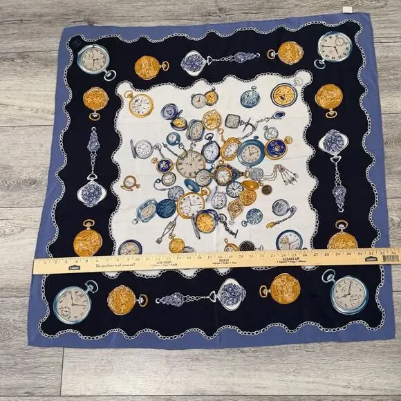 Liz Claiborne Silk Scarf Pocket Watch Print Navy Gold Blue Classic Old Money - Picture 3 of 5